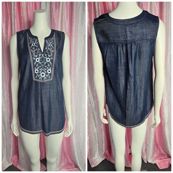 J.Jill Blue Denim Embroidered Floral Chambray Tunic Tank Top Size Small - Picture 1 of 13